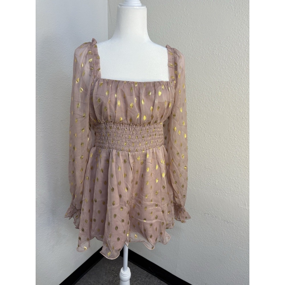 Endless Rose NWT Pink  Dot Romper Square Neck Smocked Balloon Sleeve Boho L